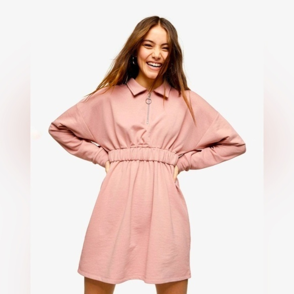 🆕TOPSHOP Pink 1/4 Zip Long Sleeve French Terry Dress, elastic waist 💗